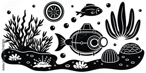 Whimsical underwater scene with submarine fish and seaweed in black and white
