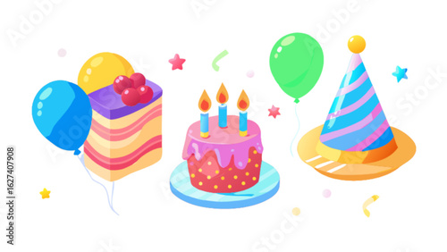 Celebratory arrangement with cake balloons and party hat for festive occasion displayed together