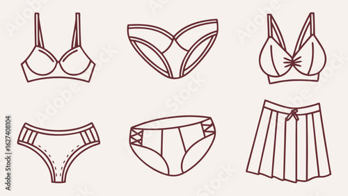 Illustration of lingerie set with bra and panties and a skirt in a simple line drawing style