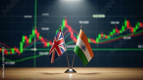 United Kingdom and India partnership concept. Two flags on a table with a blurred stock exchange graph representing global trade and finance.