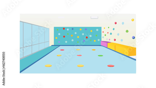 A colorful playroom with polka dot walls and floor pads for children to play and exercise in safely