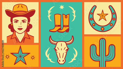 Cowgirl boots horseshoe bull skull cactus star retro