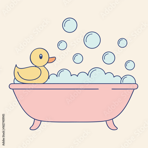 Yellow rubber ducky is enjoying bubbly bath time in the pink tub