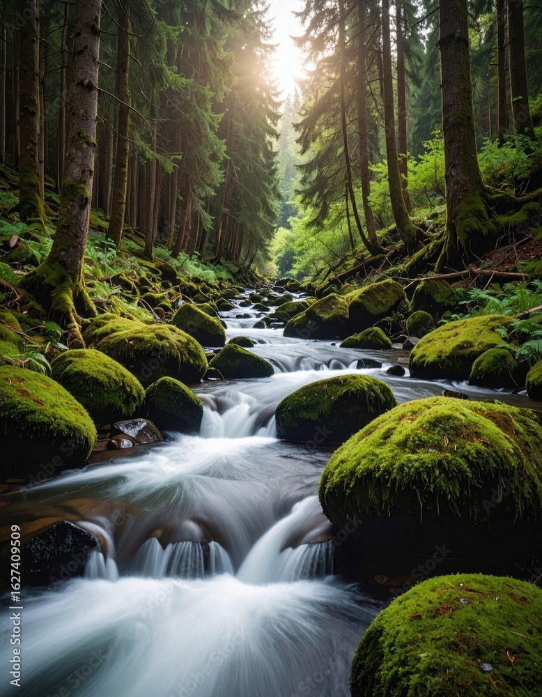 Obraz premium Forest stream, sunlit path