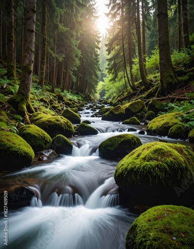 Forest stream, sunlit path