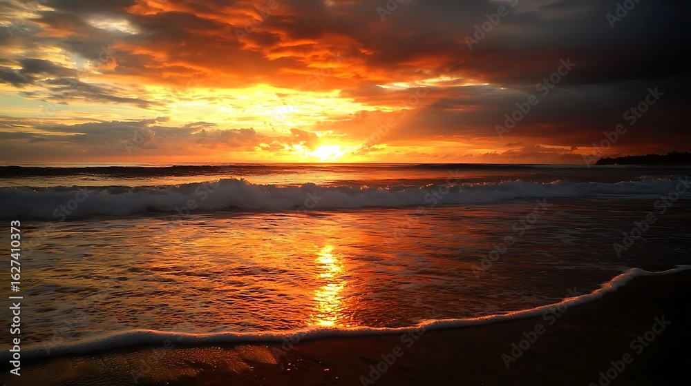 Obraz premium Fiery sunset over a beach. Waves crash on the shore, bathed in fiery orange light