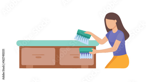 Illustration of a woman dusting a wooden dresser with two drawers and a teal colored top surface