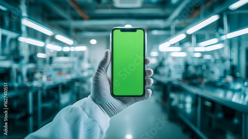 Gloved Hand Holding Mobile Phone with Green Screen in Futuristic Manufacturing Facility