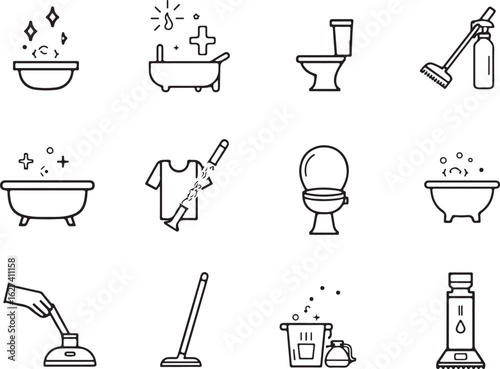 Clean home bathroom icons sparkle hygiene service shine sparkle bathtub toilet broom