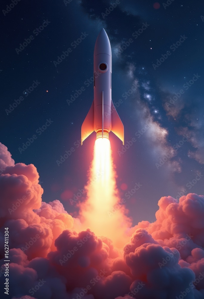 Fototapeta premium vibrant rocket launching through starry sky night spectacle cosmic adventure, space, stars, explosion, fire, motion, trajectory, smoke, light, flare, energy