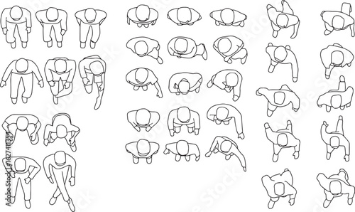 CAD Drawings. Set people outlines isolated on grey background. Sitting, Standing, walking. Top view. Vector illustration.