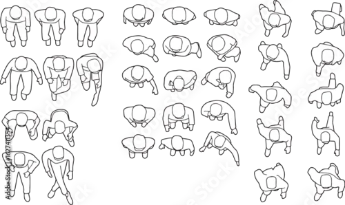 Fototapeta CAD Drawings. Set people outlines isolated on grey background. Sitting, Standing, walking. Top view. Vector illustration.