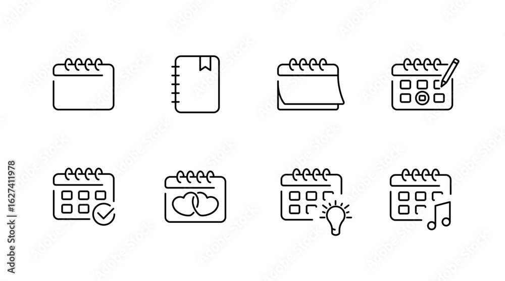 Fototapeta premium Calendar and planner icons set – outline, linear, schedule and organization symbols
