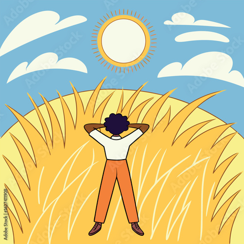 A darkhaired person is relaxing and looking at the sun while lying in tall grass
