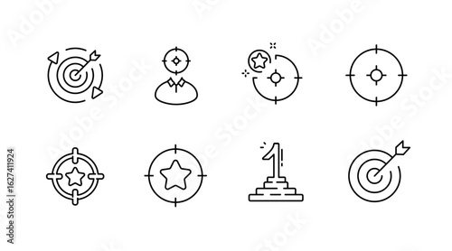 Target and achievement outline icons set – goals, precision, success symbols