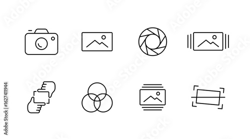 Photography and camera line icons set – outline, linear, snapshot and photo editing