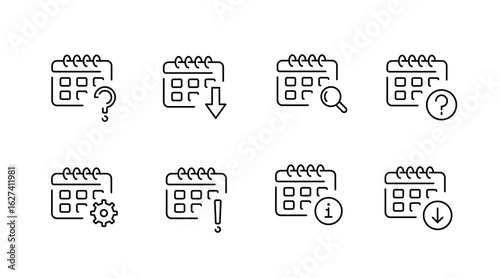 Calendar and scheduling outline icons set – linear, line, event planning symbols