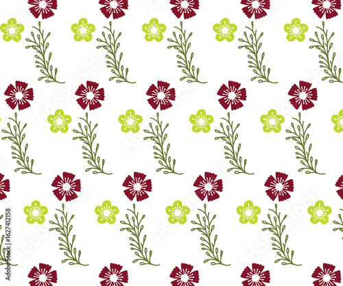Floral Motif Design: A repeating floral pattern, showcasing delicate flower blossoms alongside slender, leafy branches in a vibrant, artistic display.