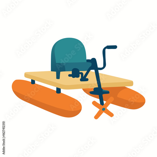 Vector illustration of homemade pontoon aircraft with wooden platform and vibrant orange floats