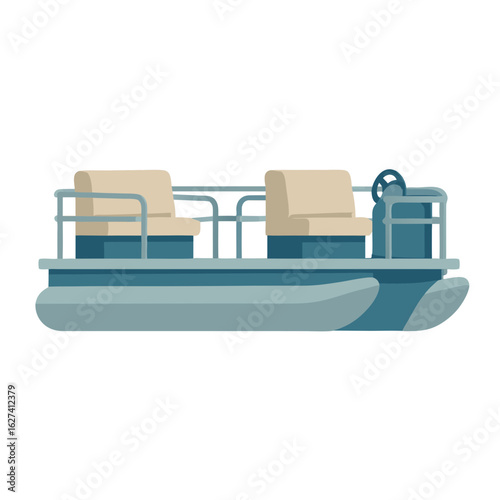 Vector illustration of a blue pontoon boat with beige seats on a white background