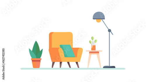 Illustration of a cozy living room scene with armchair, lamp and plants in a minimalist style