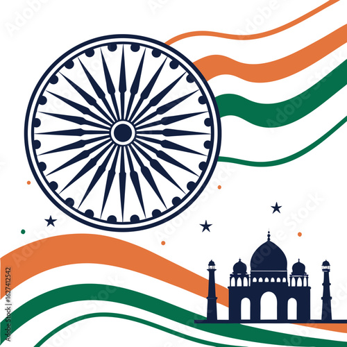 Vibrant indian independence day celebration featuring the ashoka chakra taj mahal silhouette and national flag colors