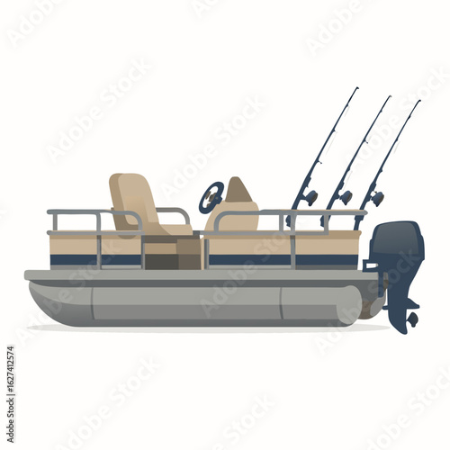 A pontoon boat with fishing rods and motor on a calm lake or river