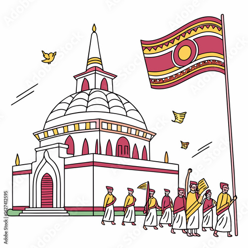 A procession of people in traditional attire walks past a white stupa with a large flag flying high