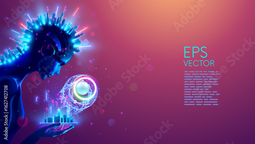 AI agent look at big data hanging over phone in hand. Artificial intelligence technology conceptual banner. Robot or cyborg analys big datum of global infrastructure. A data model of the world for AGI