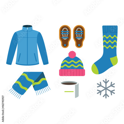 Winter clothing and accessories set on white background