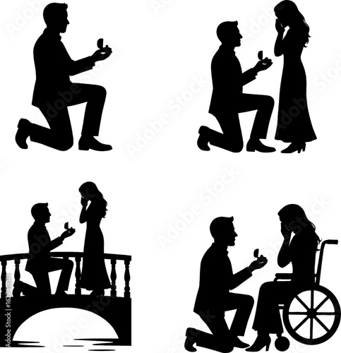 a Proposal silhouette man kneeling in black and white silhouette with white background 