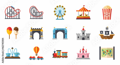 A comprehensive collection of flat design icons depicting various amusement park rides, attractions, and elements.