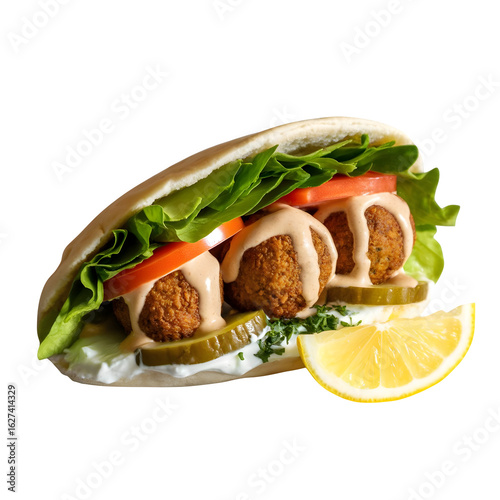 An isolated Mediterranean falafel sandwich in pita bread