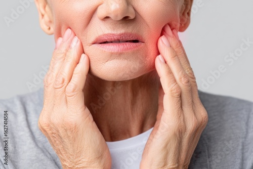 Close-up of an elderly woman with hands on jaw, experiencing jaw pain, highlighted in red.