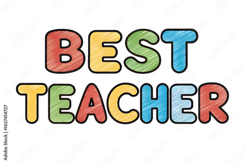 Fototapeta premium Best Teacher Colorful Text on White Background, Appreciation Message, Creative Greeting Design for Teacher’s Day Celebration