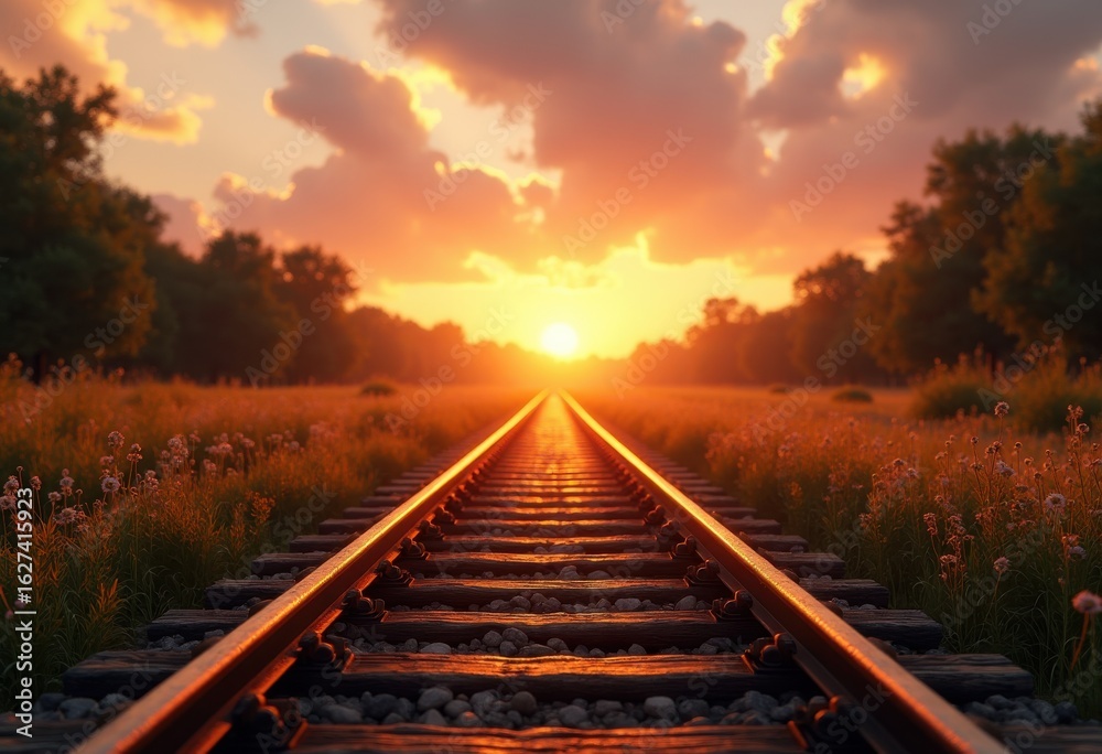 Fototapeta premium vibrant sunset shadows casting long across weathered train tracks rustic charm tranquil evening journey, landscape, trails, light, orange, purple