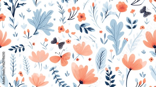 Floral Pattern with Peach Flowers and Blue Leaves on White