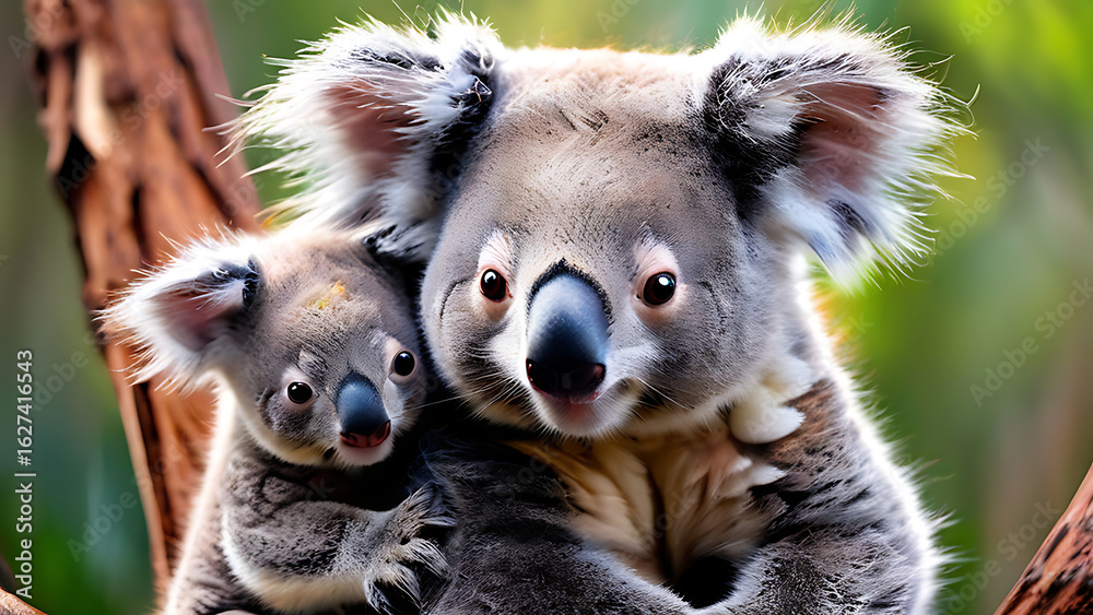 Fototapeta premium mother koala with baby on her back, a koala mother with joey clinging to her back