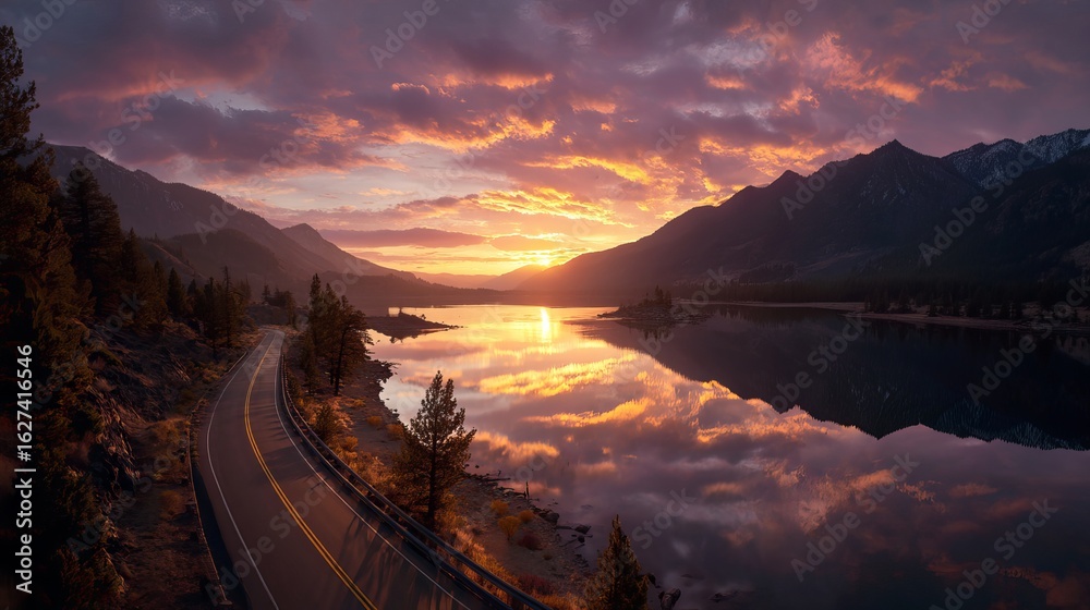 Fototapeta premium Scenic lake and winding road at sunset with vibrant sky and tranquil landscape view
