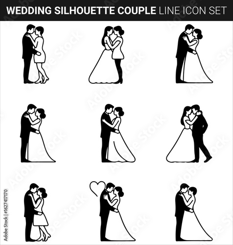 Quality full Wedding Silhouette Bundle Couple line icon set