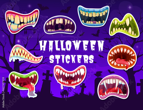 Halloween scary drool monster jaws stickers pack. Vector patches of cartoon monstrous mouths with exaggerated, sharp teeth, some dripping with saliva on spooky graveyard with bats, cat and gravestones