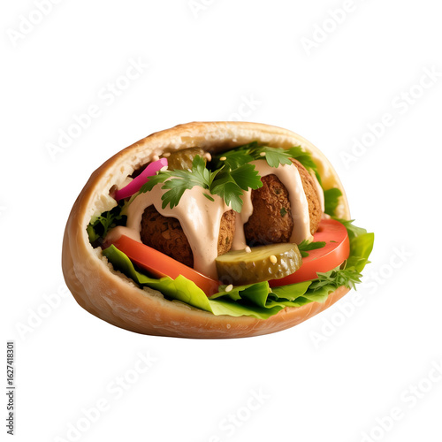 An isolated falafel sandwich in pita bread with tahini sauce
