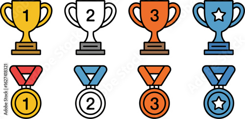 Set of four trophies and four medals representing first second and third place awards