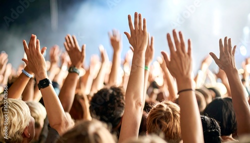 A crowd of people at a concert raise their hands in the air