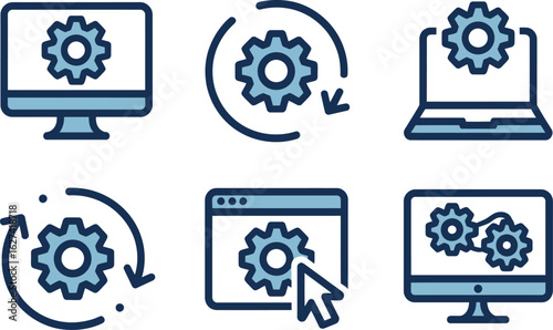 Set of six modern flat icons representing computer settings and system configuration