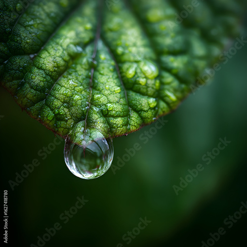 Nature's Intricate Details: Capturing the Beauty of a Single Raindrop on a Leaf Under Close Observation
