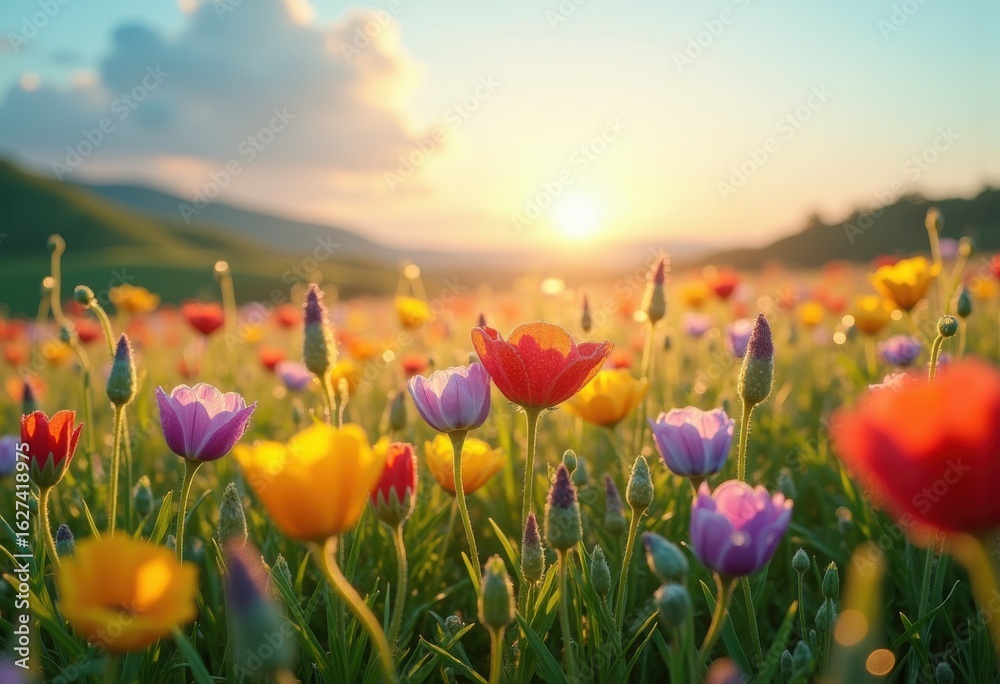 Fototapeta premium vibrant wildflowers dew covered meadow blooming nature landscape serenity morning freshness, spring, garden, petal, pollen, blossom, grass, field, droplet, flora