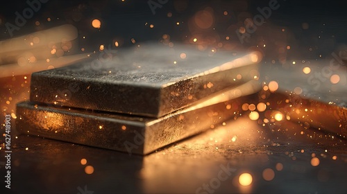 Metal ingots stacked on a dark surface with sparks.
