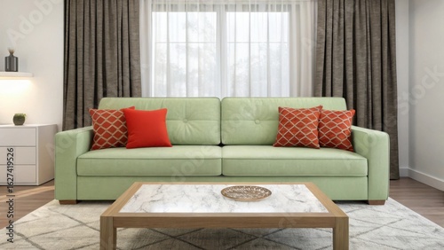 Light green sofa with decorative pillows isolated on white background