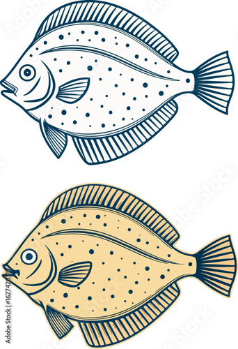 Minimalist icon set featuring two flounder fish